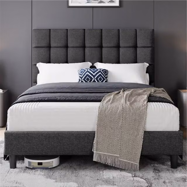 Yaheetech Upholstered Bed Frame with Square Tufted Headboard in Grey, 180 x 200 cm