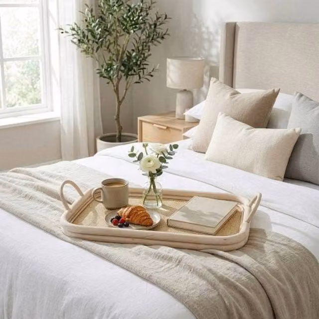 Madison & Mayfair Small Rectangular Open Weave Rattan Tray with Handles in Beige W: 54.5 cm, D: 26.5 cm, H: 9.5 cm – 1