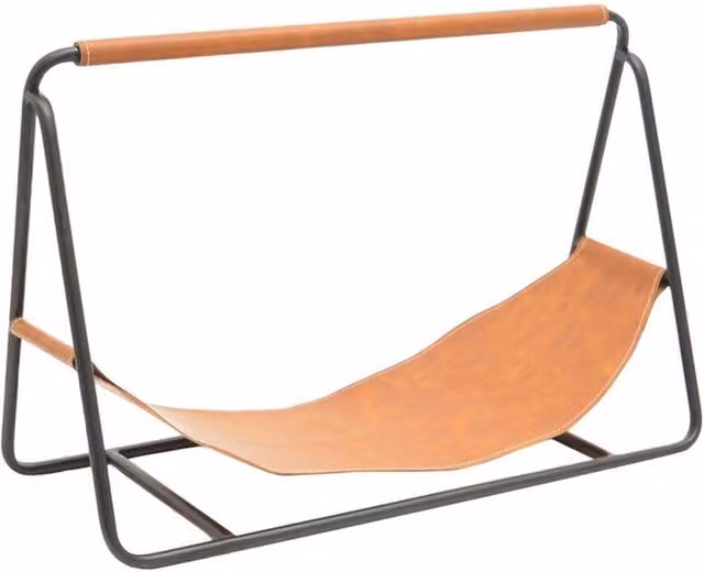 Lemon Pavilion Hanging Leather Log Holder in Black Iron, W: 60 cm, D: 26.5 cm, H: 40 cm – 1
