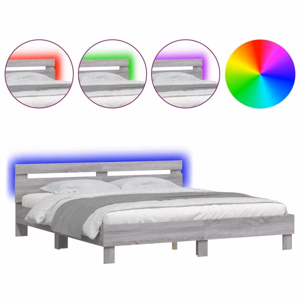 Berkfield Home Durable Super King Bed Frame with LED Under-Bed Lighting, Grey Sonoma, W/D/H: 180 x 200 x 185 cm – 3