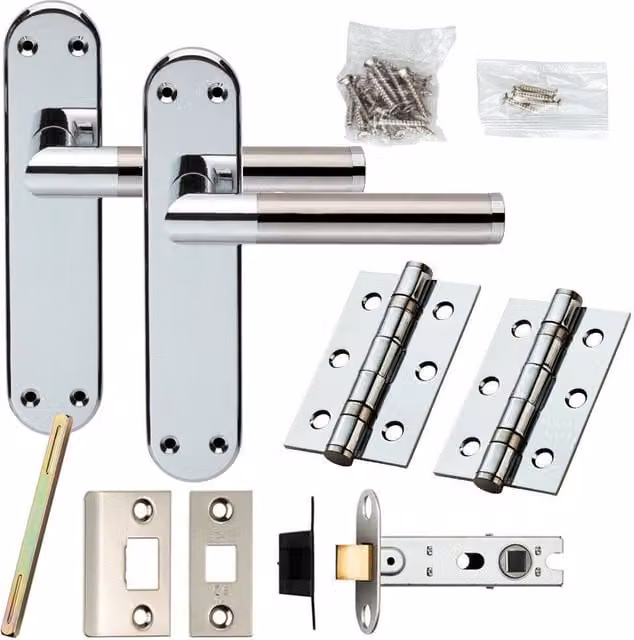 Loops Door Handle and Latch Pack in Chrome and Satin Nickel with Modern Round Bar on Backplate