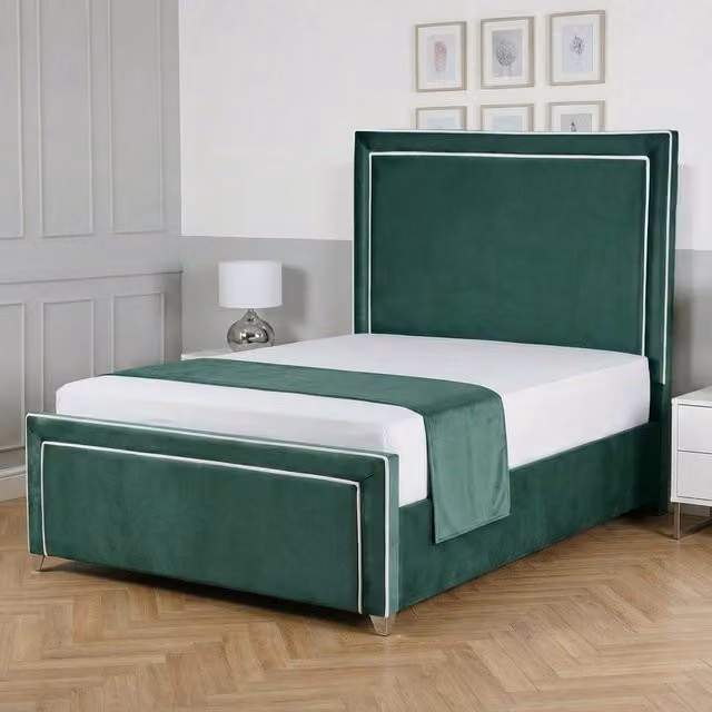 Living Comfort Bedz Verona Green Velvet Upholstered Gas Lift Storage Bed Frame with 48 Inch Headboard, Size: Small Double (120 x 200 cm)