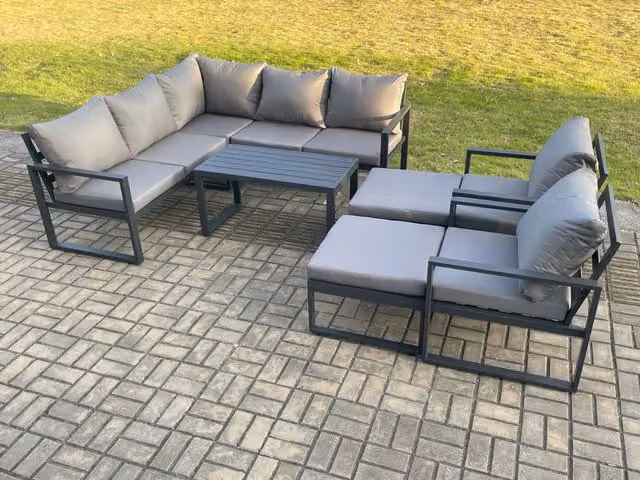 Fimous 9 Seater Aluminium Outdoor Garden Furniture Set in Dark Grey with L-Shape Sofa, Coffee Table and Ottomans