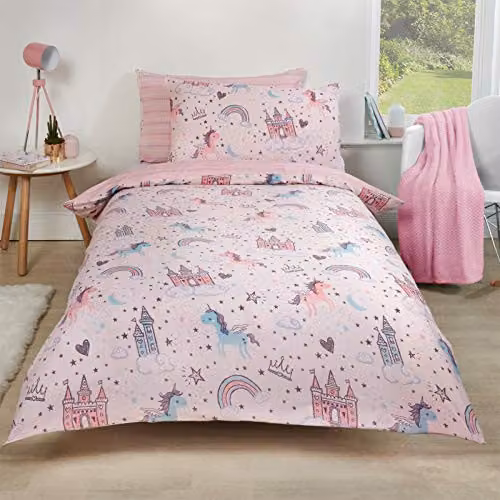 Dreamscene Unicorn Kingdom Reversible Duvet Cover and Pillowcase Set in Pink and Purple, Double (Duvet: 200 x 200 cm, Pillowcase: 40 x 60 cm)