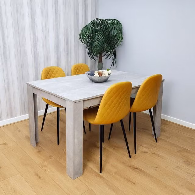 KOSY KOALA Modern Rectangular Wooden Dining Table Set with 4 Mustard Gem Pattern Faux Leather Chairs in Brown, Grey and Yellow, W/D/H: 160 x 80 x 75 cm
