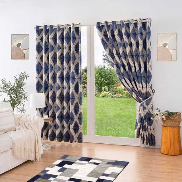 Terrys Matrix Blue Plain Eyelet Blackout Thermal Insulating Fabric Panel Curtains