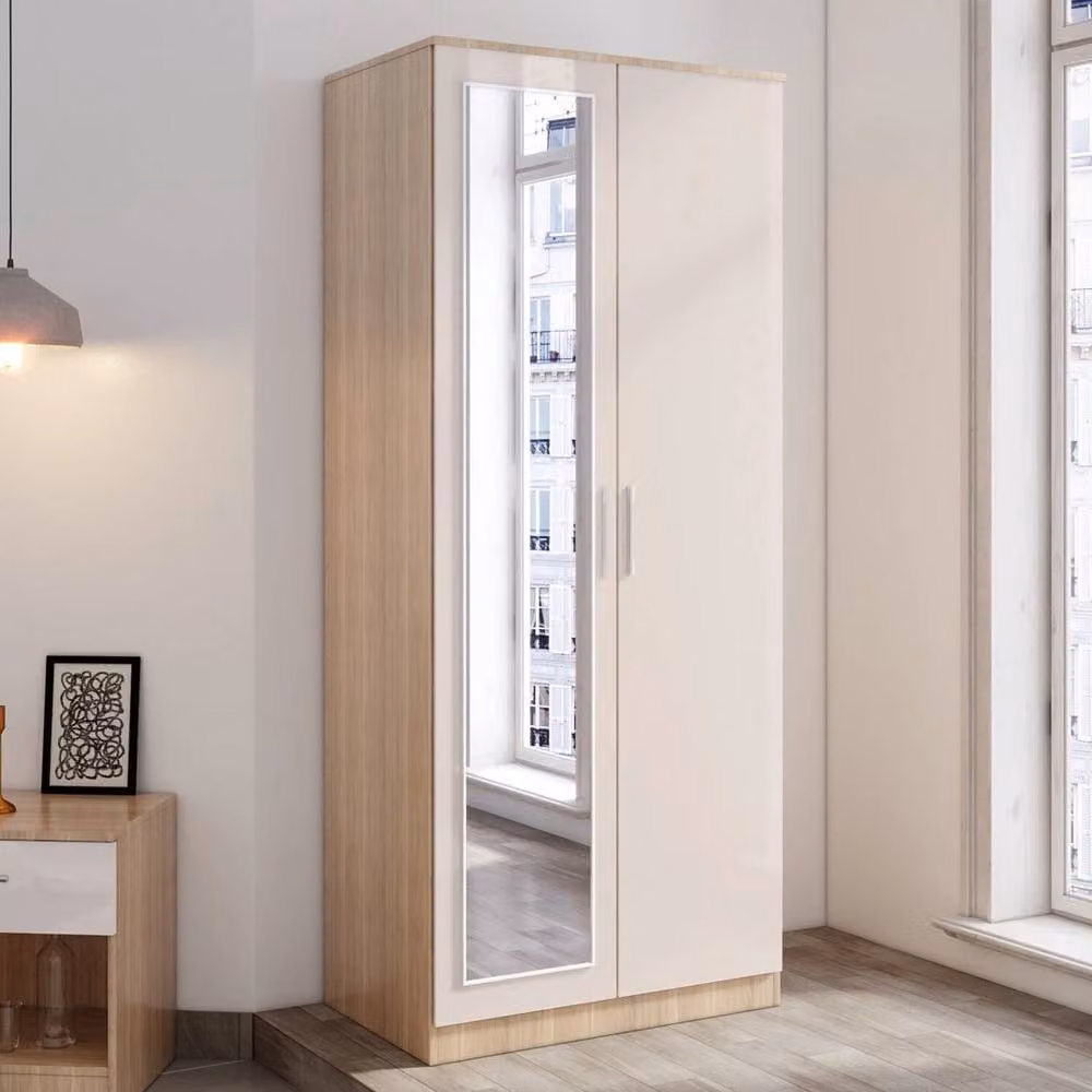 FLAVORA Modern High Gloss 2 Door Bedroom Wardrobe in Beige and White – 2