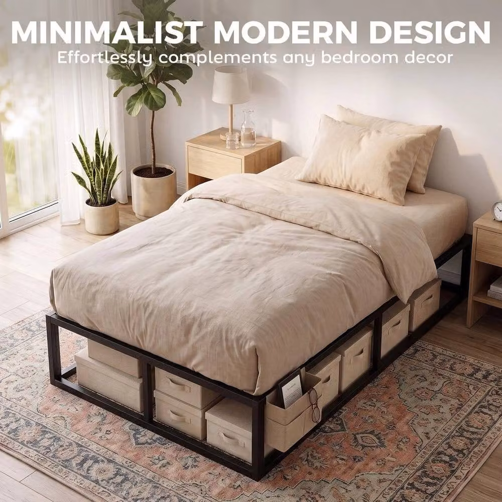KORVIXA Single Metal Platform Bed Frame with Side Compartments and Storage Bag in Black, 90 x 200 cm – 3