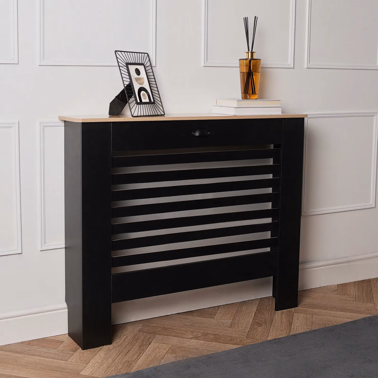 OHS Wood Effect Radiator Cover Sideboard Shelf in Black – 1