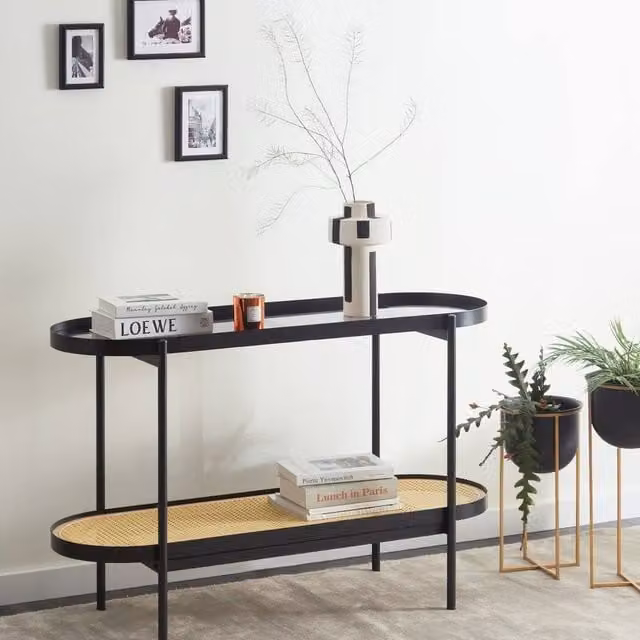 Wyld Haus Viennese Console Table with Black Glass Top, W: 120 cm, D: 42 cm, H: 76 cm – 1