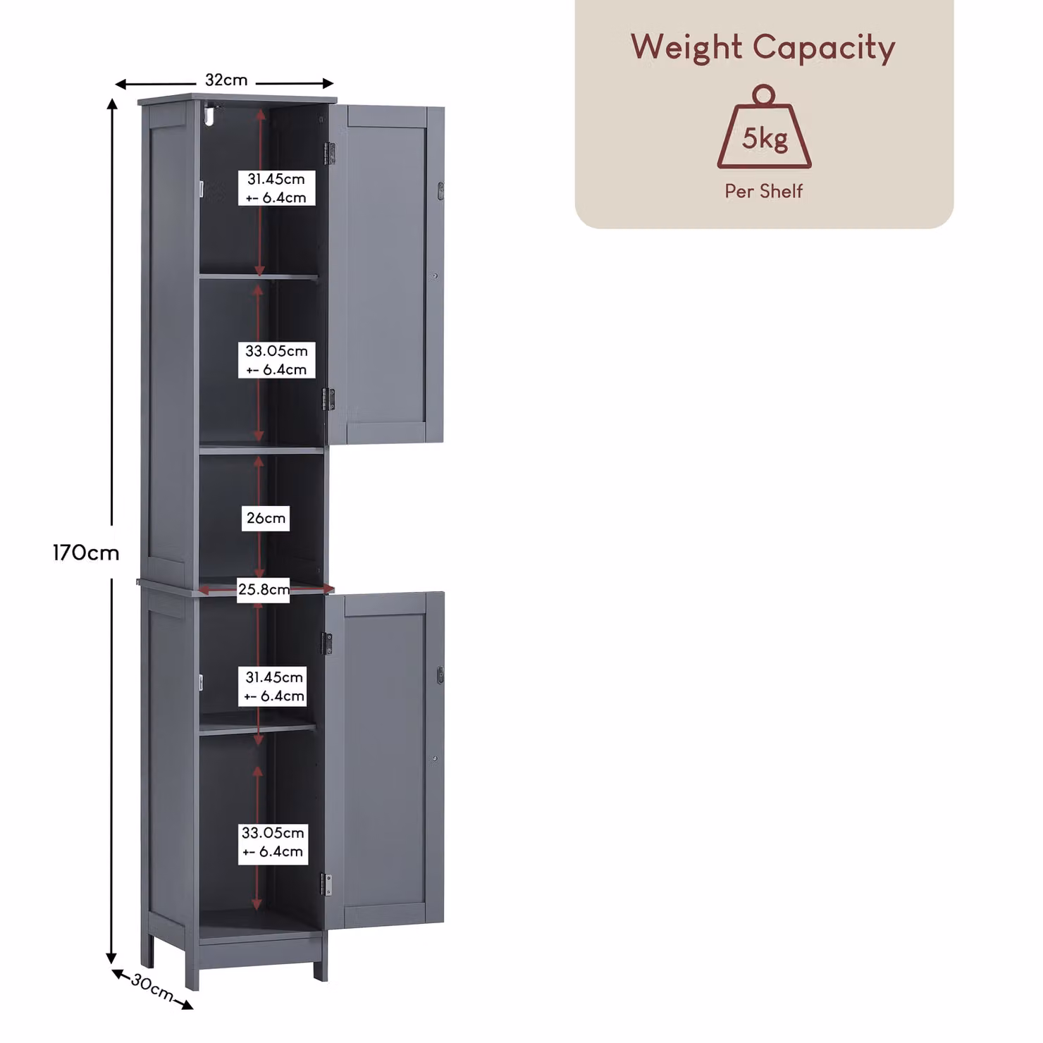 Vida Priano 2 Door Tall Bathroom Storage Cabinet in Dark Grey, H 170 cm x W 32 cm x D 30 cm – 2