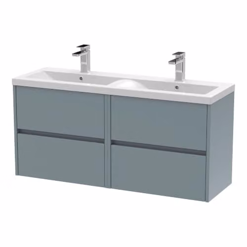 Balterley Wall Hung 4 Drawer Bathroom Vanity Unit with 2 Rectangular Basins in Coastal Grey, W/D/H: 120.5 x 38.5 x 57.9 cm