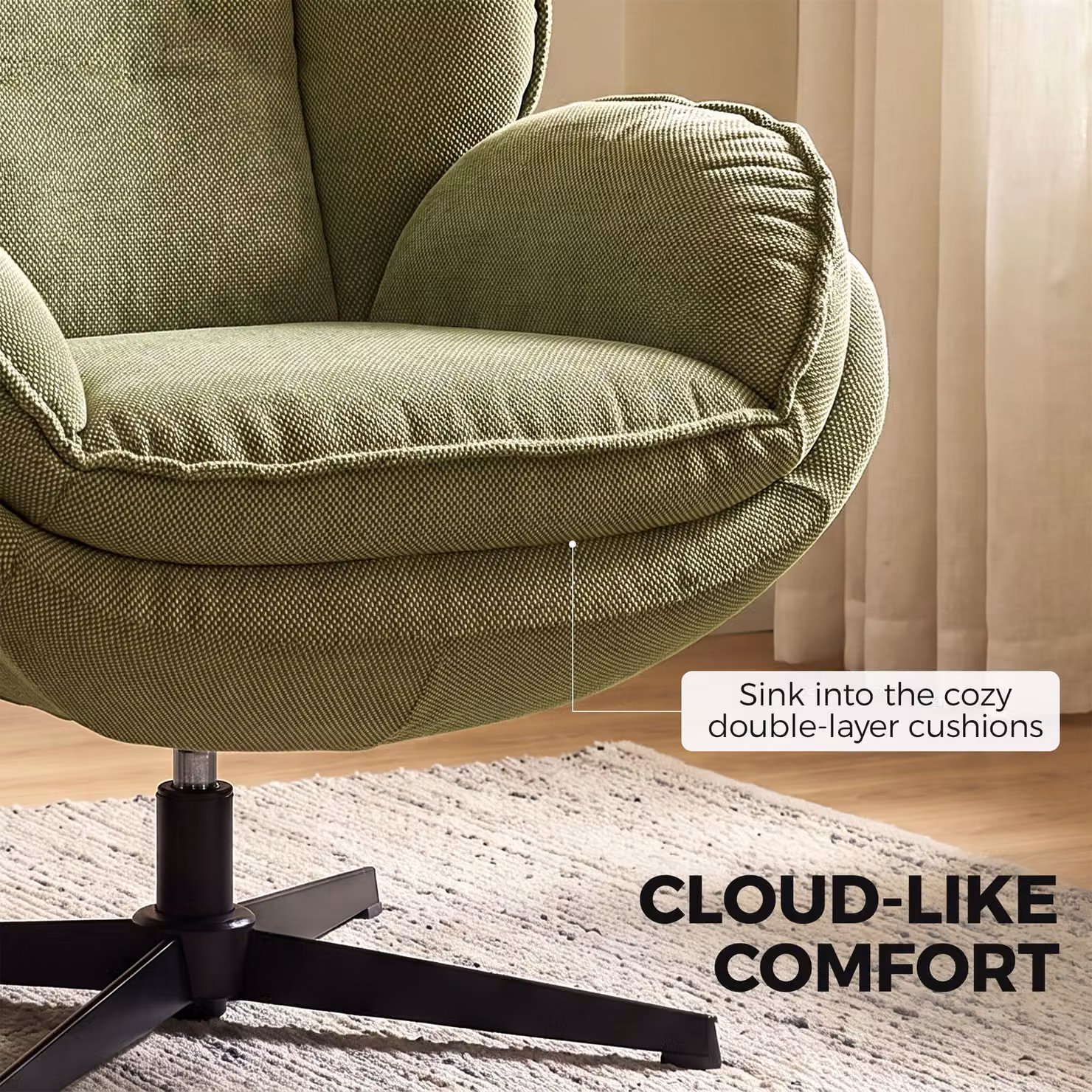 HOMCOM Green Chenille Swivel Armchair with Adjustable Footstool and Thick Cushion – 5