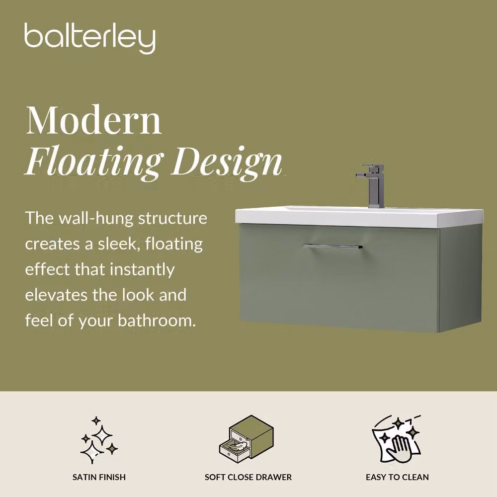 Balterley 800mm Wall Hung 1 Drawer Vanity Basin Unit in Satin Green with Pewter Handle – 2