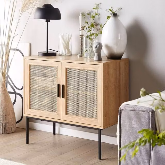 Wyld and Coco 2-Door Sideboard with Natural Rattan Front in Brown – 1