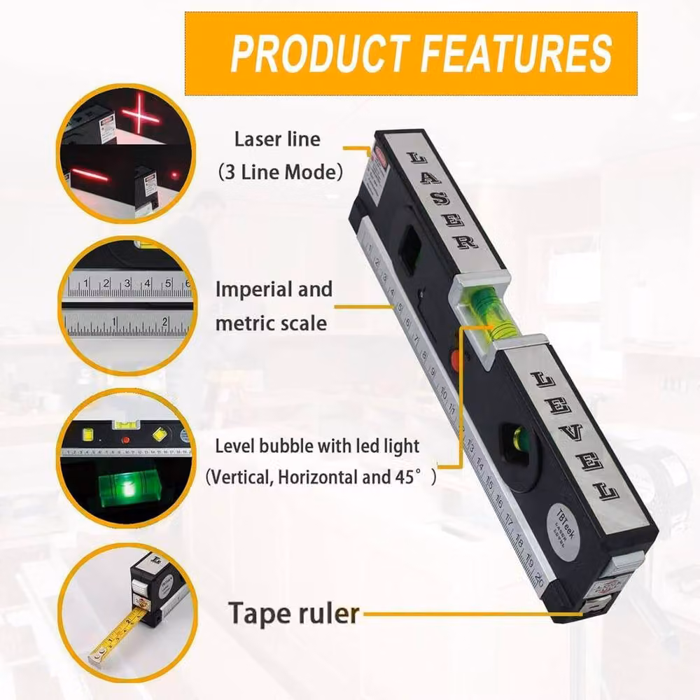 ATEK 3-in-1 Laser Level with Horizontal and Vertical Line Leveler and Measuring Tape in Black – 4