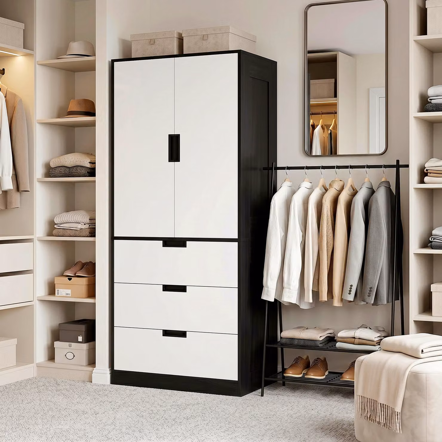 HOMCOM Modern Double-Door Wardrobe with 3 Internal Drawers and Hanging Rod in Black and White – 2