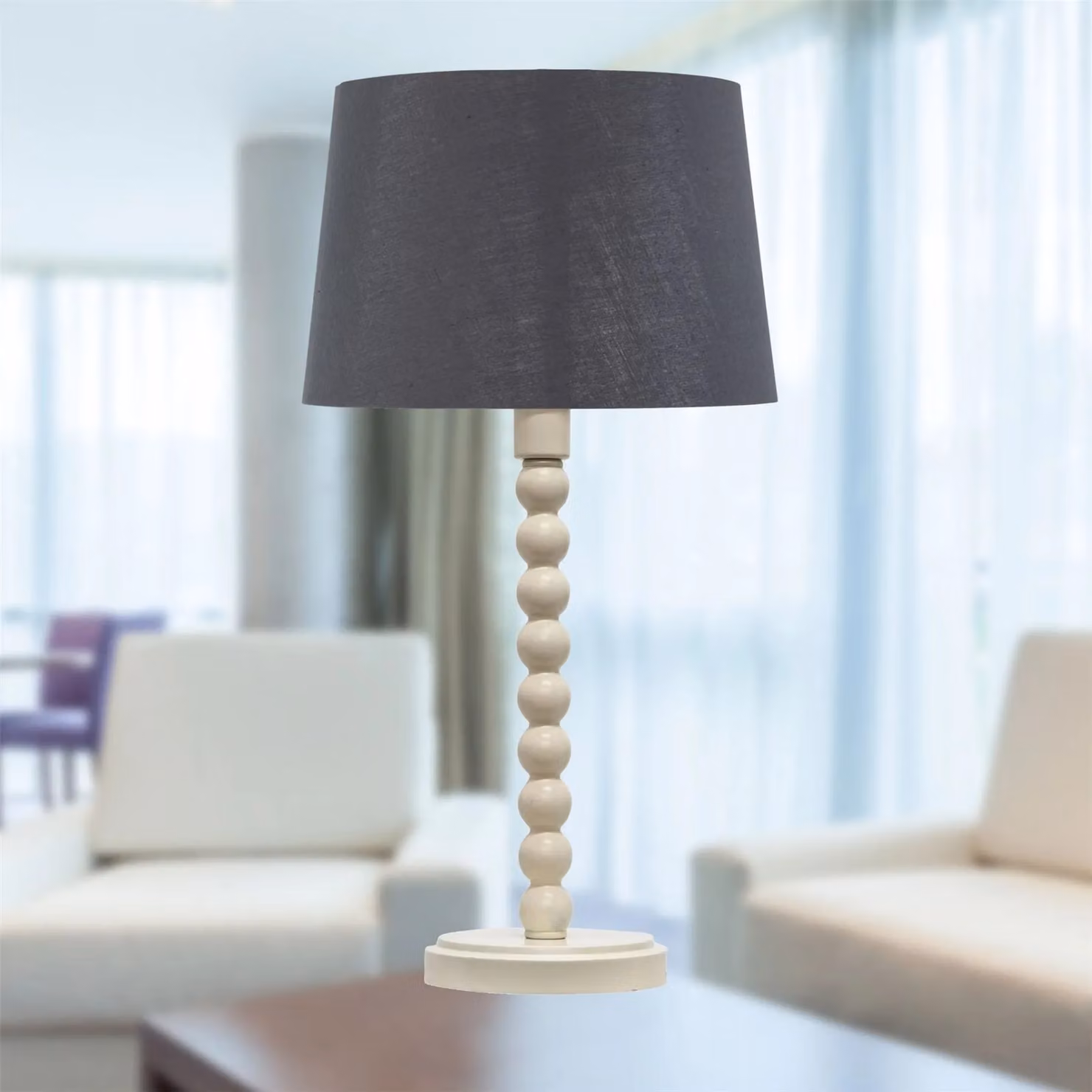 First Choice Lighting Bobbin Table Lamp with Grey and Silver Fabric Shade in White – 5