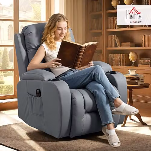 HOMCOM Recliner Armchair with Massage and Heat, Light Grey PU Leather Swivel Rocking Chair with Extended Footrest, Cup Holders and Side Pockets – 2