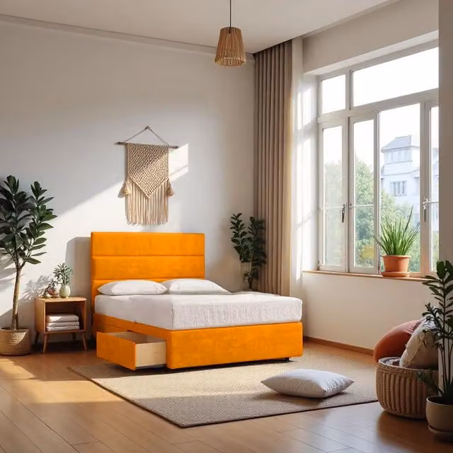 Knight Sleep York Princess Sprung Divan Bed Set with 4 Drawers and 54 inch Headboard in Mustard Yellow, W/D/H: 140 x 200 cm