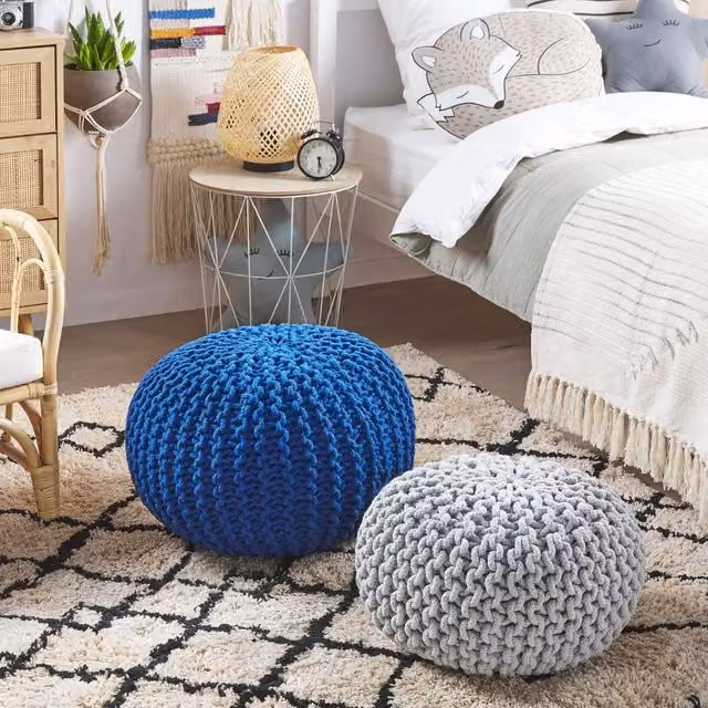 Wyld and Coco Blue Knitted Cotton Pouf Ottoman, Diameter: 50 cm, Height: 35 cm – 1