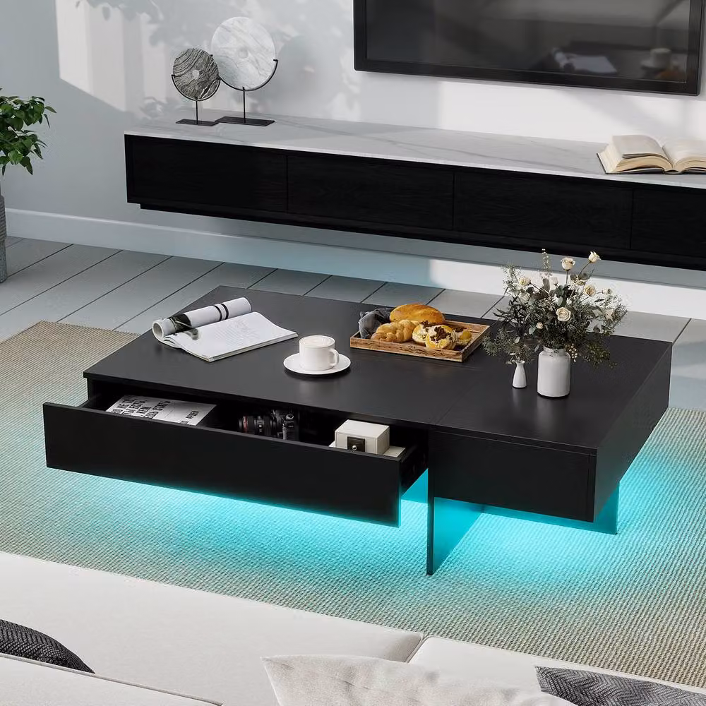 Costway Modern LED Coffee Table with 3 Storage Drawers in Black High-Gloss Finish – 7
