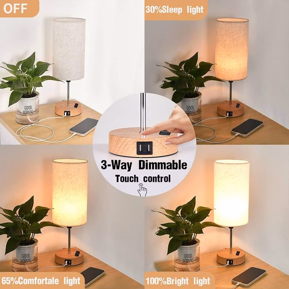 Kelvenix Touch Control Dimmable LED Bedside Table Lamp in Beige with Wood and Fabric Finish – 3