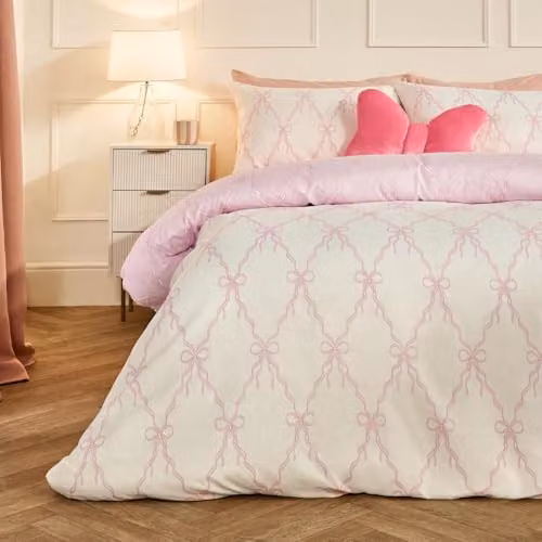 OHS Lattice Bow Microfibre Reversible Single Duvet Cover Set with Pillowcase, Pink and White, Duvet Cover: 135 x 200 cm, Pillowcase: 48 x 74 cm – 2