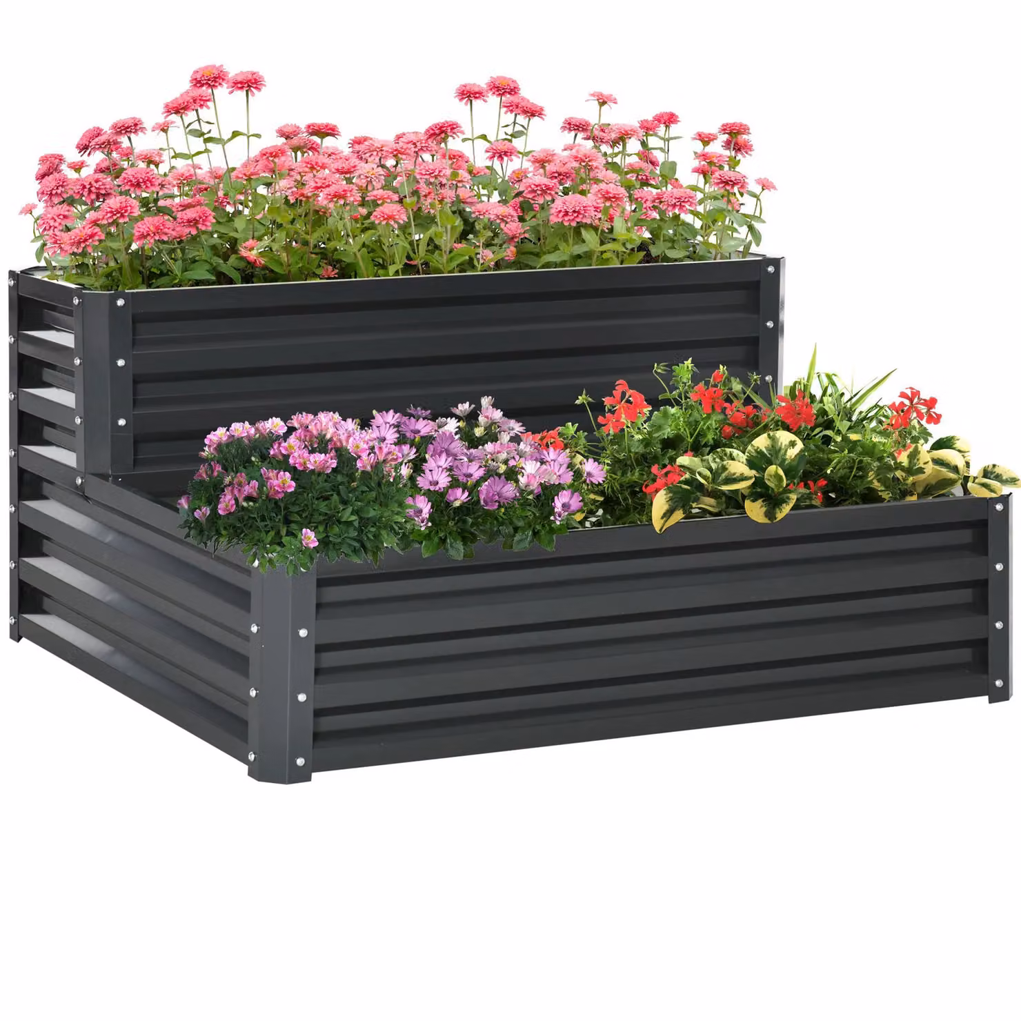OUTSUNNY 2 Tier Galvanised Steel Raised Garden Bed Planter Box in Anthracite Grey – 2