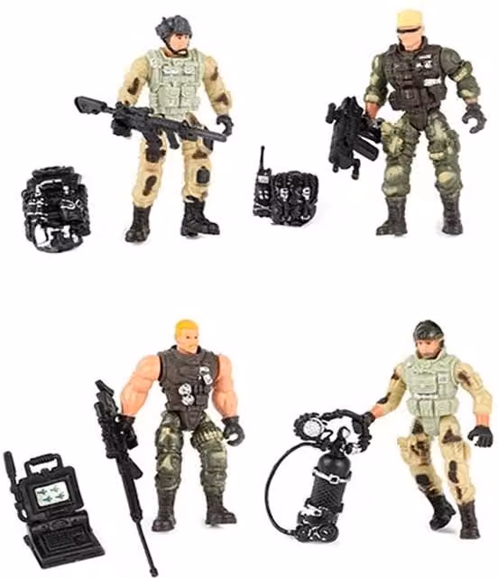 UMKYTOYS Fully Articulated Military Special Force Army Combat Soldier Figures, 4 Piece Set, Multicolour and Green