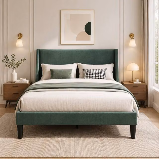 Rolipo Dark Green Velvet Double Bed with Upholstered Frame and Winged Headboard