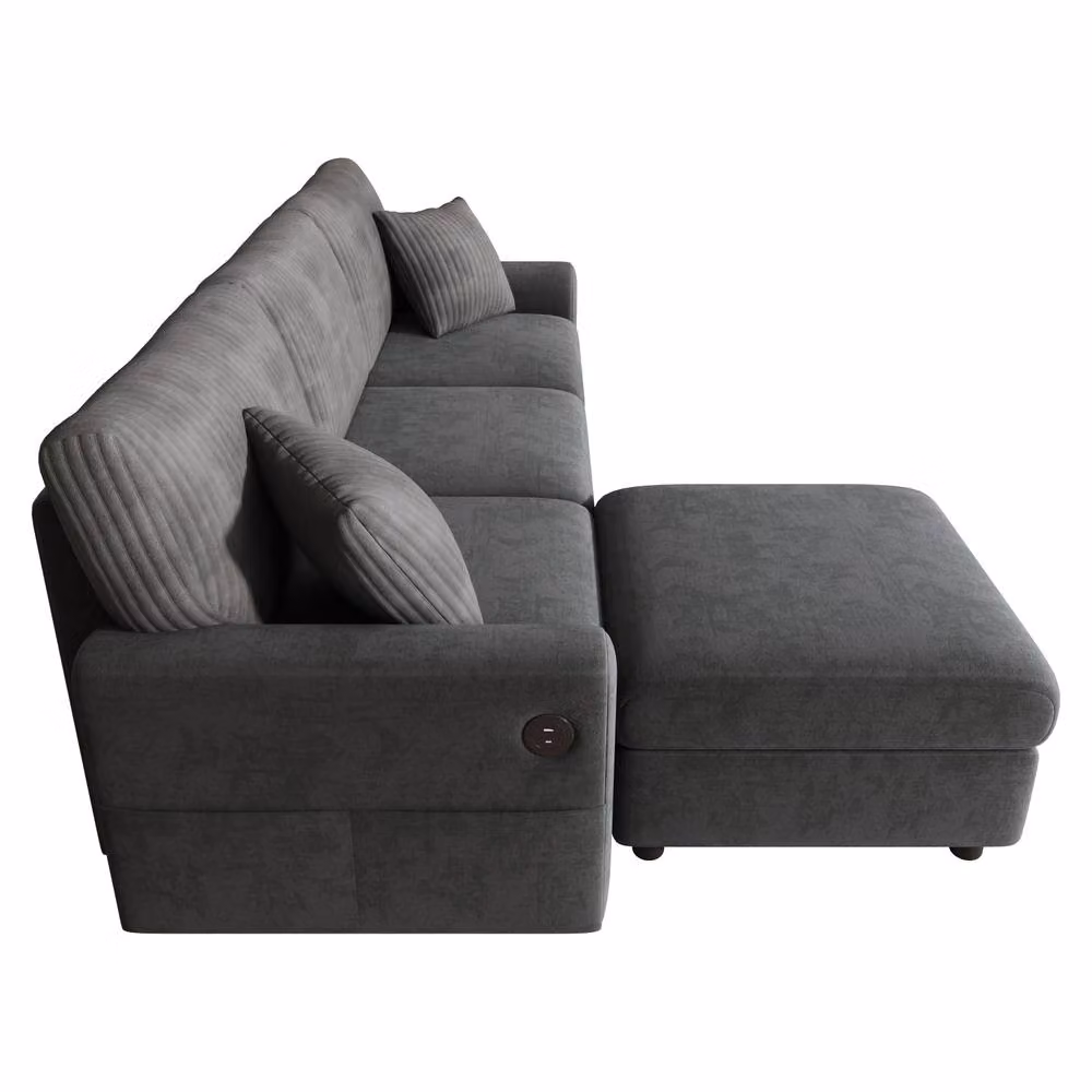 BTM Modern 3-Seater Sofa with USB Type-C Charging, Dark Grey Corduroy Fabric, W/D/H: 223 x 146 x 84 cm – 4