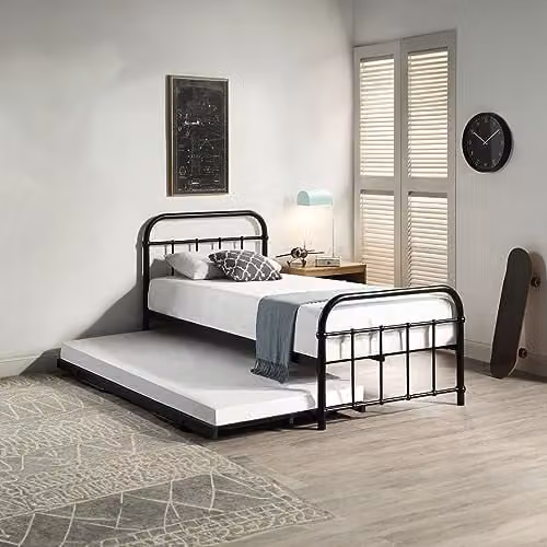 SlumberWorx Vintage Hospital Style Single Metal Bed Frame with Guest Trundle, Black, W/D/H: 90 x 190 cm