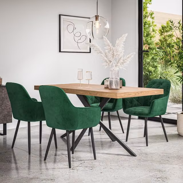 More4Homes Donni Dining Table and Anika Green Velvet Dining Chair Set of 6, Oak Effect and Black – 1