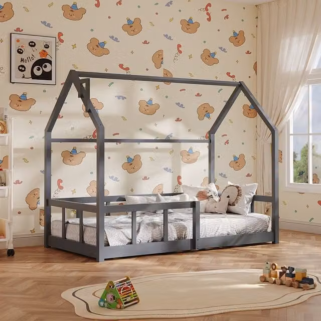 Kidkid Childrens House Bed Frame in Grey Solid Pine Wood