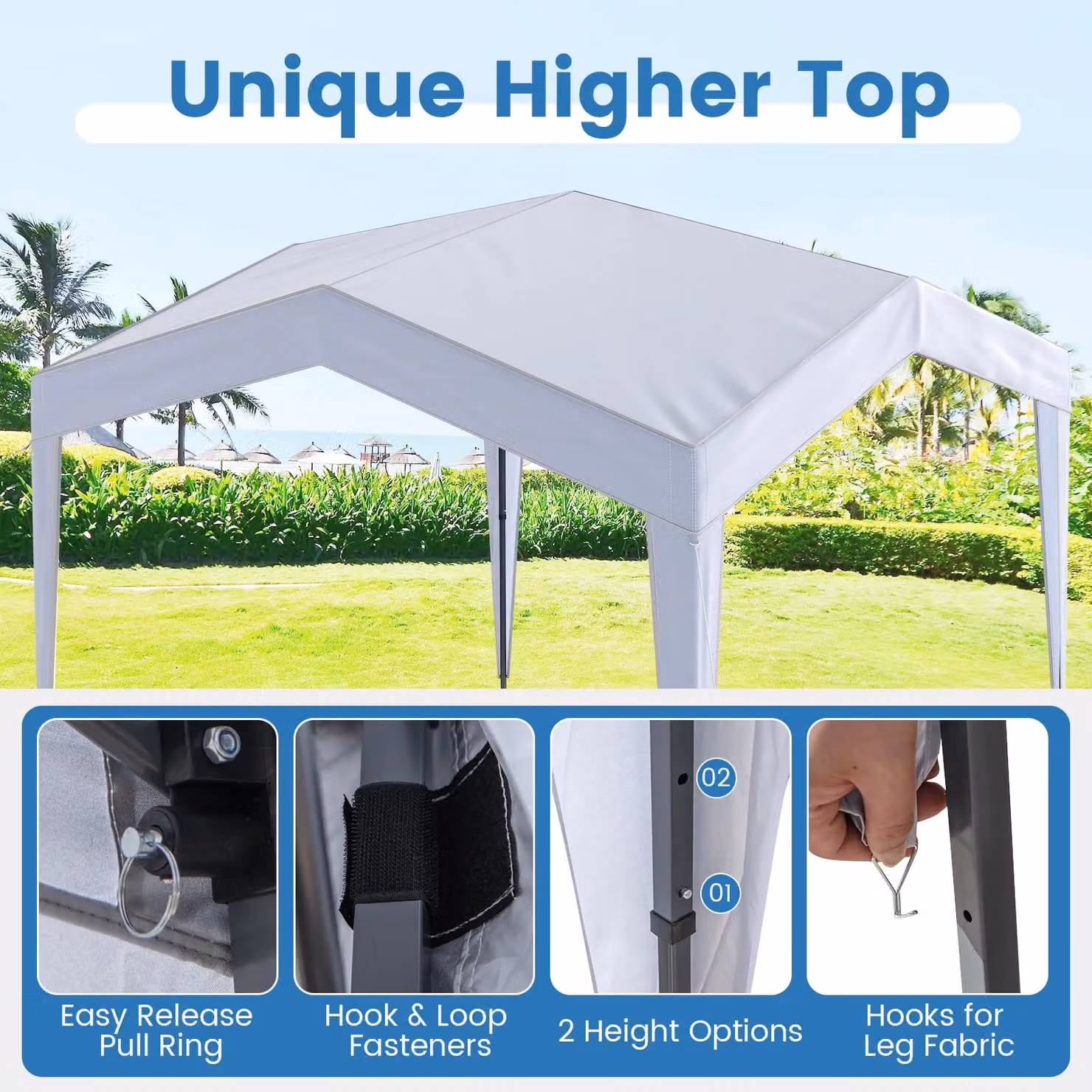 Costway White Pop up Canopy Tent with Portable Wheeled Bag and 8 Stakes, W: 302 cm, D: 302 cm – 4