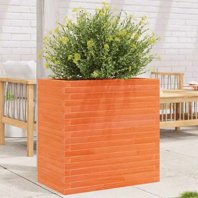 Berkfield Home Garden Wax Brown Solid Wood Pine Planter Tub W: 70 cm, D: 40 cm, H: 68.5 cm
