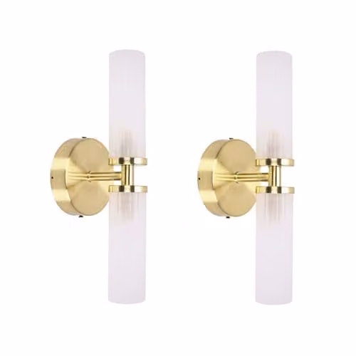 ValueLights Canya Pair of Gold and Brass Up and Down IP44 Bathroom Wall Lights with Transparent Glass Cylinder Shades