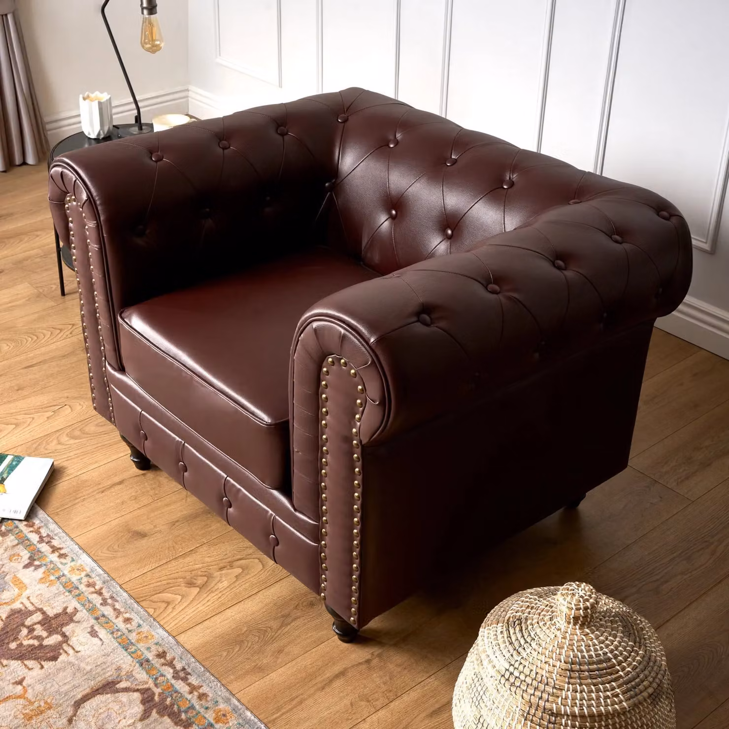 Bravich LTD Chesterfield Faux Leather Button-Tufted 1 Seater Armchair in Brown – 5