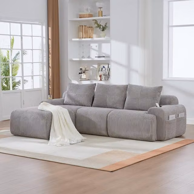 Aosom UK 3-Seater Modular L-Shape Sectional Sofa with Ottomans, Side Storage Pockets and Integrated Cup Holders, Light Gray, W: 174 cm, D: 268 cm, H: 80 cm – 1