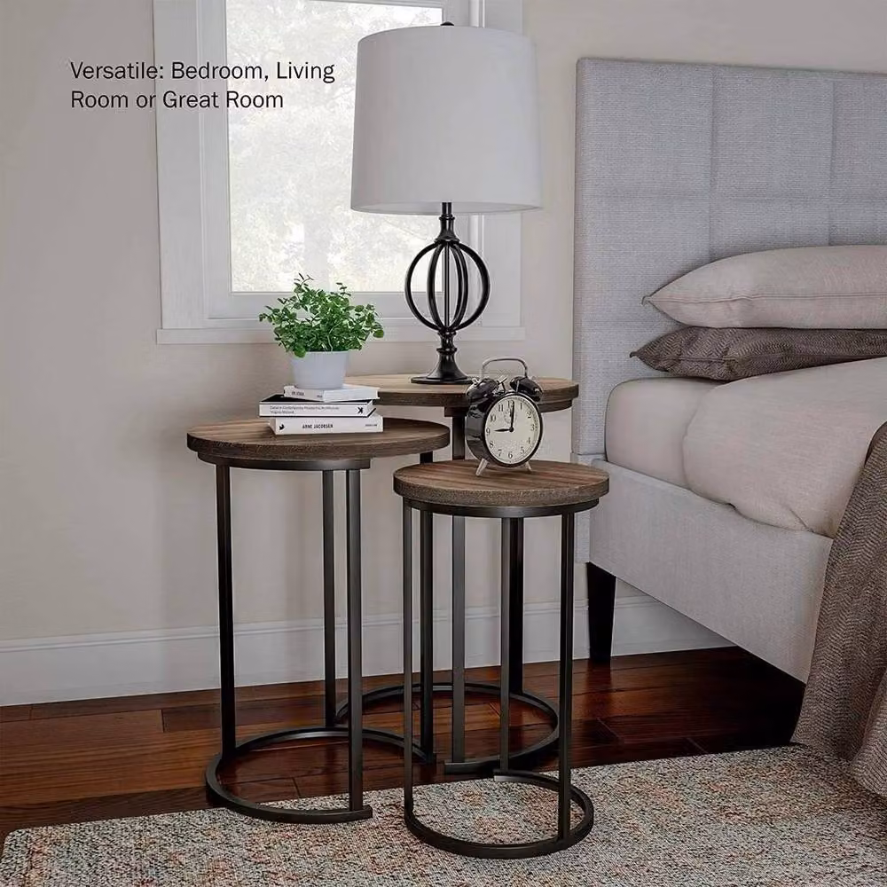 KORVIXA Set of 3 Round Vintage Wood and Metal Nesting Coffee Tables in Brown – 3