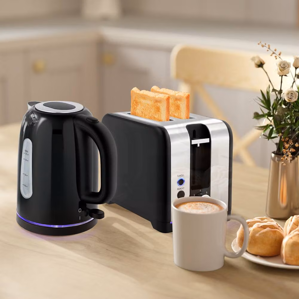 STILVORA Toaster and Kettle Set in Black with Blue Light Strip – 3