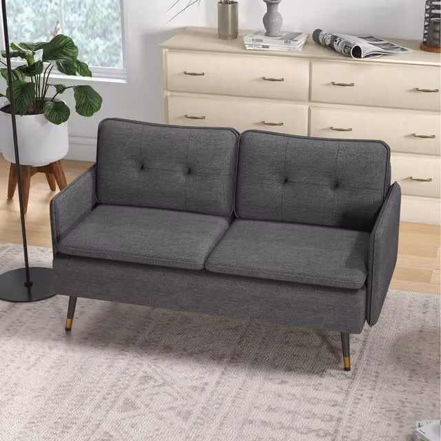 HOMCOM Button Tufted Fabric Love Seat in Dark Grey with Gold Metal Legs