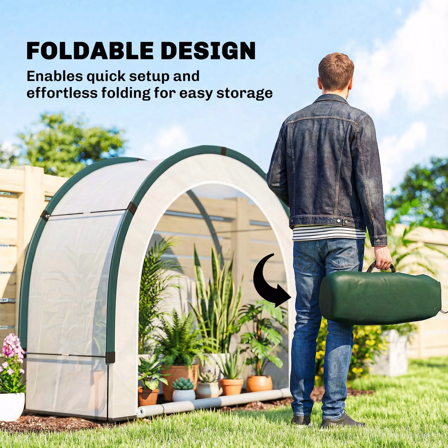 Outsunny Foldable Small Green House with Zipper Door and PE Base, Green, W/D/H: 200 x 80 x 164 cm – 3