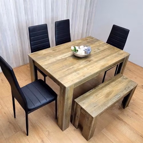 KOSY KOALA Rustic Wooden Dining Table Set for 6 with 4 Black Leather Chairs and 1 Bench in Brown and Black – 6