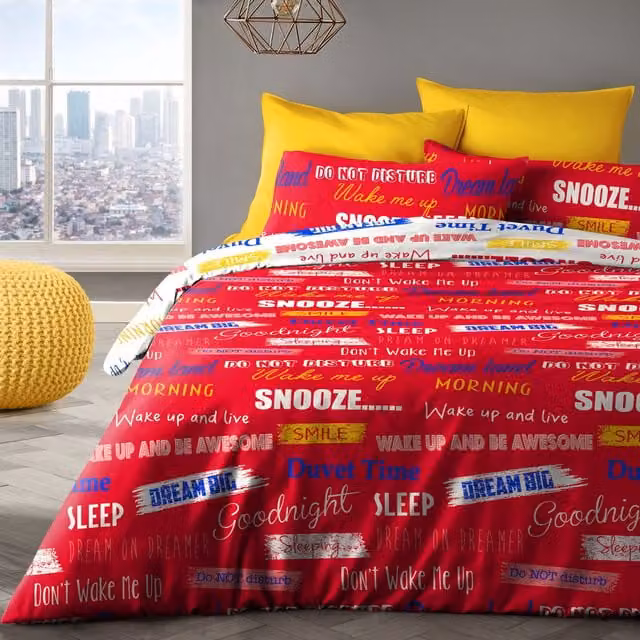 Velosso Wake Me Up Red Printed Cotton Rich Duvet Cover and Pillowcase Set, W/D/H: 180 x 200 cm and 50 x 75 cm