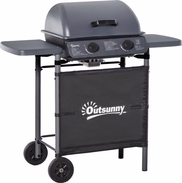 Outsunny 2 Burner Gas BBQ Trolley with Lid, 5.6 kW Gas Barbecue Grill with Wheels and Side Shelves, Grey