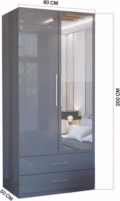 MN Furniture Modern High Gloss Mirrored Wardrobe with Drawers in Grey, W/D/H: 80 x 50 x 200 cm