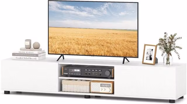Costway Modern Minimalist TV Stand Entertainment Centre with 2 Doors in White – 1
