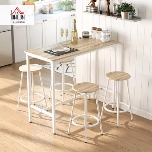 HOMCOM 5 Piece Bar Table and Stools Set in Brown and White with Metal and Wood Frame – 3